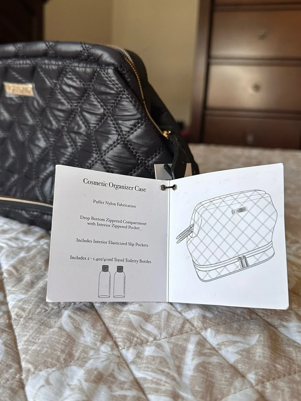 Joan & David Quilted Black Leather Cosmetic Pouch with Gold Plaque
